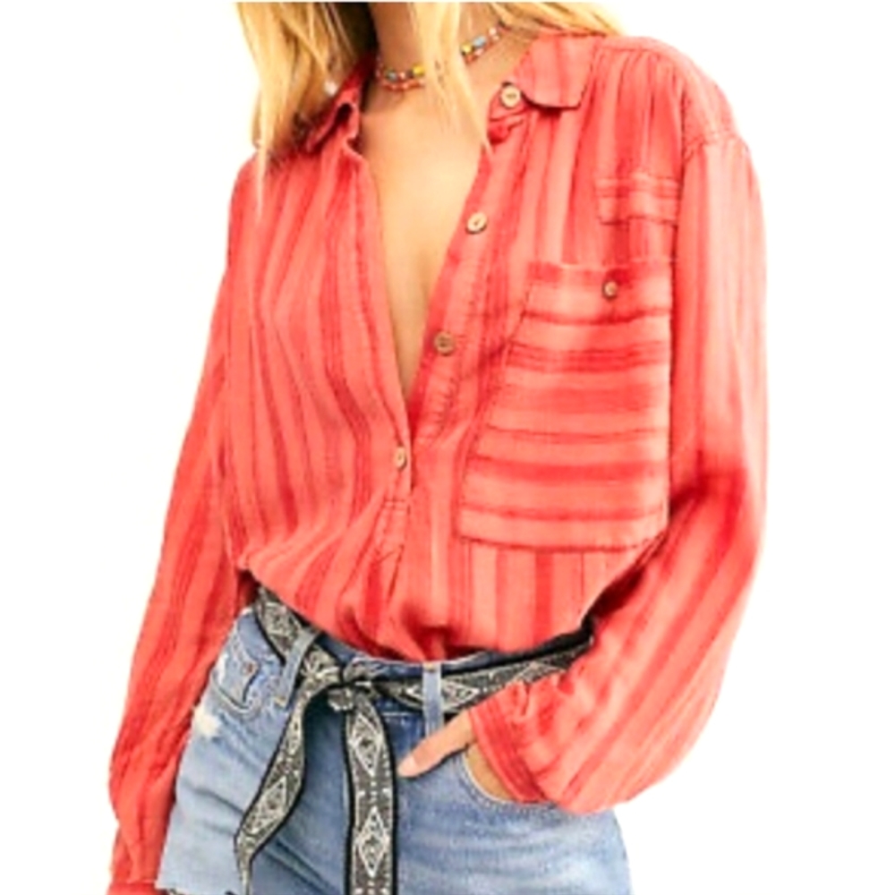 Free People Summer Breeze Coral‎ Striped Oversized Linen Shirt